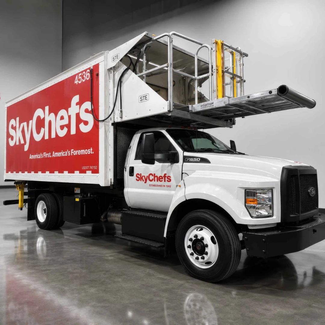 รถขนส่งอาหารที่ให้บริการบนสายการบินโดยงาน Sky Chef newstep new step work and travel Anchorage Alaska
